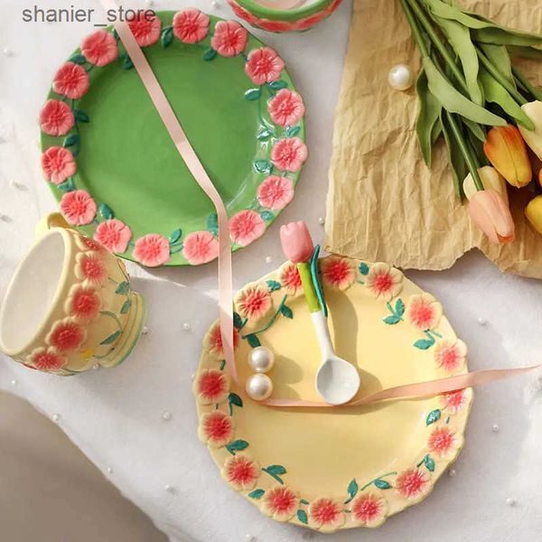 Dishes Plates Flower board embossed small flower breakfast dessert board household ceramic board color hand-painted desktop L240910
