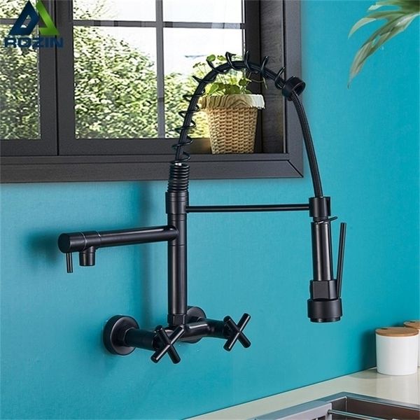 Kitchen Faucets Rozin Black Faucet Dual Handles Cold Water Mixer Tap Wall Mounted Swivel Spout Spring Pull Down 221109