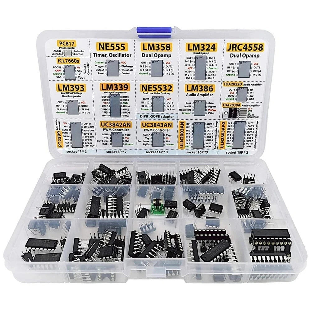 150 Pcs IC Chip Assortment Kit Opamps Oscillator PWM NE555 LM358 LM324 TDA2030 UC3842 ULN2003 with Sockets and Adapter f
