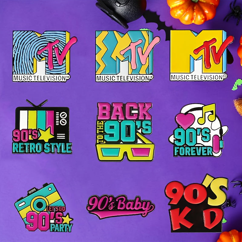 TEMU 9pcs Retro 90s Tv Show Enamel Brooches - Mtv, Vh1, Mtv - Vintage 90s Nostalgia Pins - Alloy Metal Collar Pins For Shirts, Sweaters, Backpacks -