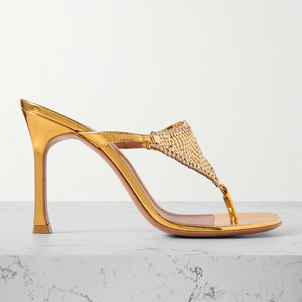 Cameron crystal-embellished chainmail metallic leather Mules Sandals Stiletto heel Slides women&#039;s Luxury Designer Evening Dress shoes f