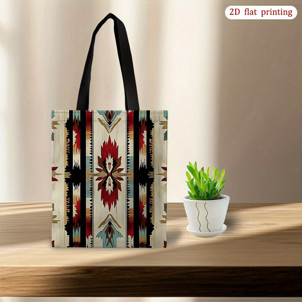 TEMU 1pc [2d Flat Printing] Southwestern Patterned Tote Bag With Dual-sided Print, Casual Ladies Shopping Bag, Reusable Shoulder Handbag, Ideal For