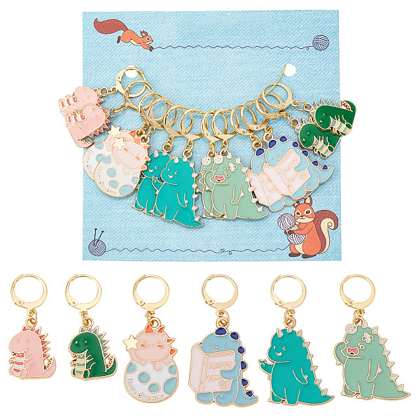 12Pcs 6 Style Dinosaur Alloy Enamel Pendant Locking Stitch Markers