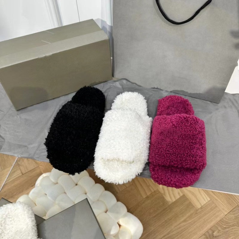 New Fashion Women&#039;s Slippers Luxury Designer Sandals Flat Woolen Shoes Outdoor Non slip Rubber Beach Alphabet Embroidery Straight Candy High He