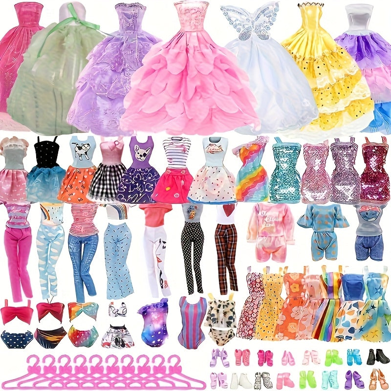 TEMU 42pcs Doll - 2 Wedding Dresses, 2tops, 2 Pants, 2 Party Dresses, 2 Bikinis, 5 Skirts, 10hangers, 10 Shoes, Necklace Glasses Of Accessories