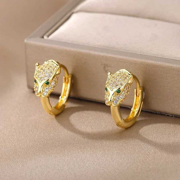 Stud Retro leopard print headband earrings sparkling micro crystal green zirconia eyes round female charm earbud ring H25120