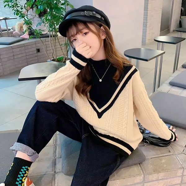 Girls Sweater Autumn and Winter Style Plush Thickened Childrens Knitting 2024 High Collar Baby Clothes 5 10 7 12 Year 241116