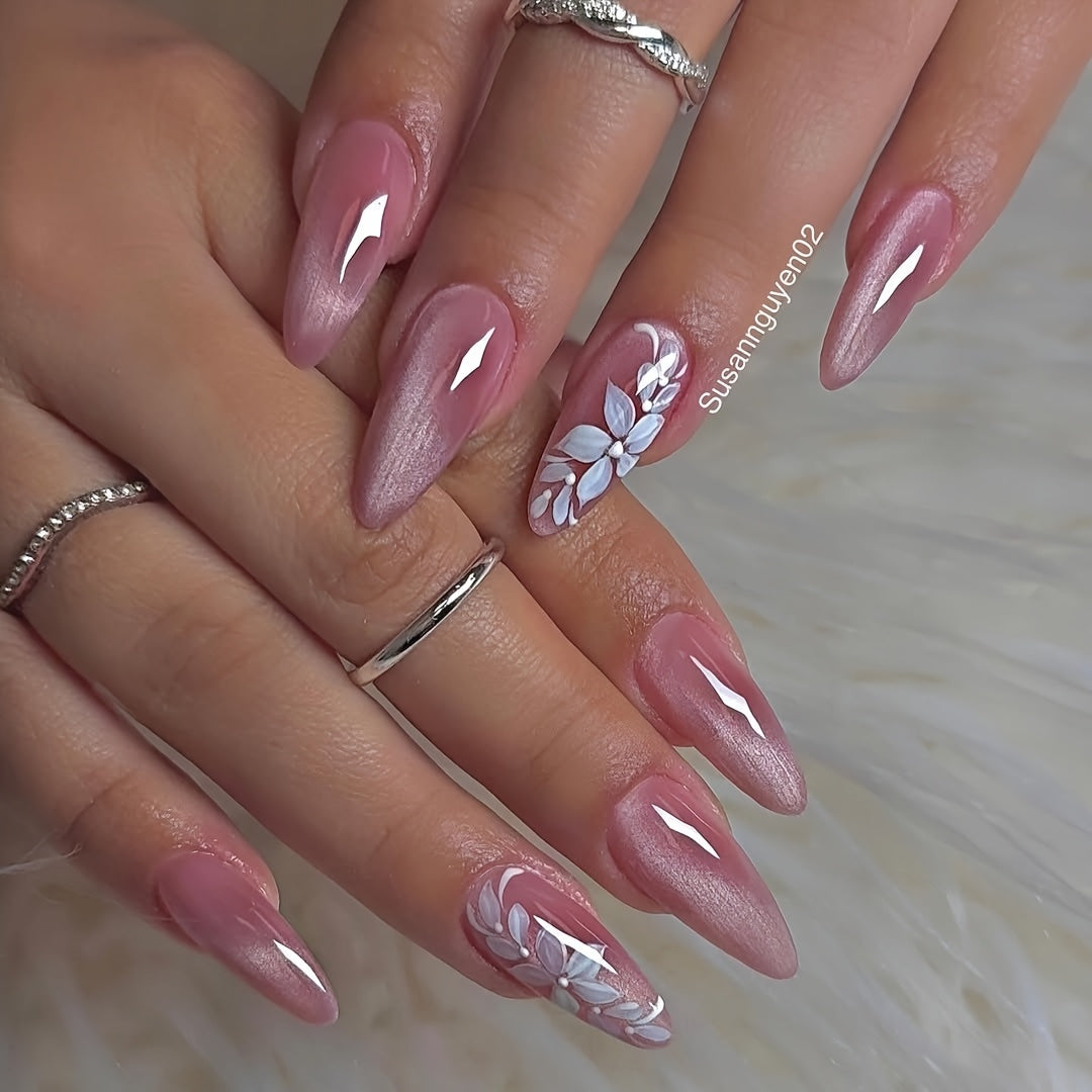 TEMU 24pcs Medium-length Almond-shaped Cat Painting Nail Art Set With And Nail File, Parties And Casual Attire