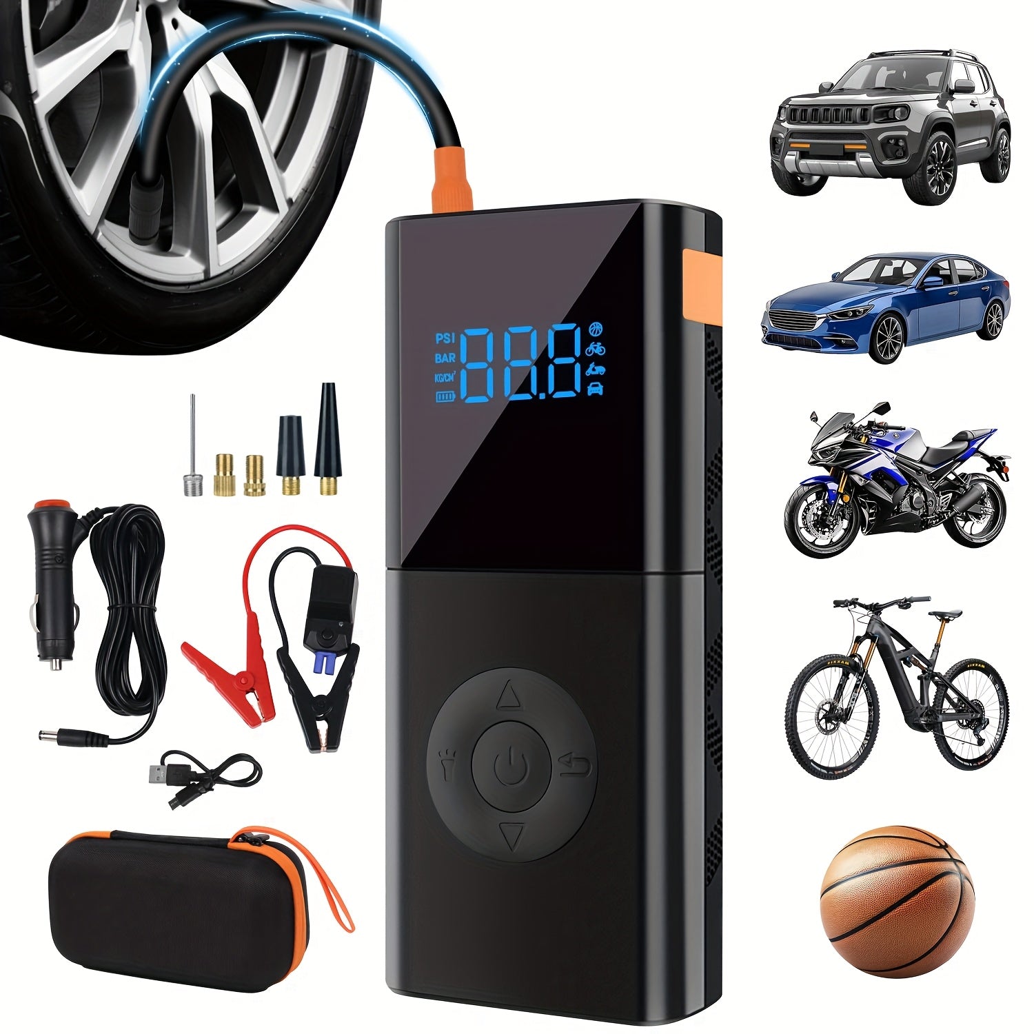 TEMU 12000mah Portable Car Tire Inflator Air Compressor, 150 Psi Electric Pump With Led Light & Digital Pressure Gauge, Usb-a Output For Motorcycles,