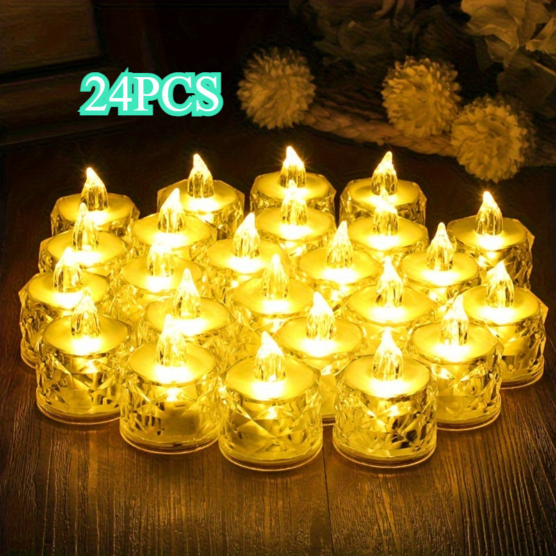 TEMU 24 Crystal Patterned Simulated Led Candle Lights, Indoor Desktop Decoration Without Fire Electronic Candle Lights, Tea Wax Lights, Birthday,