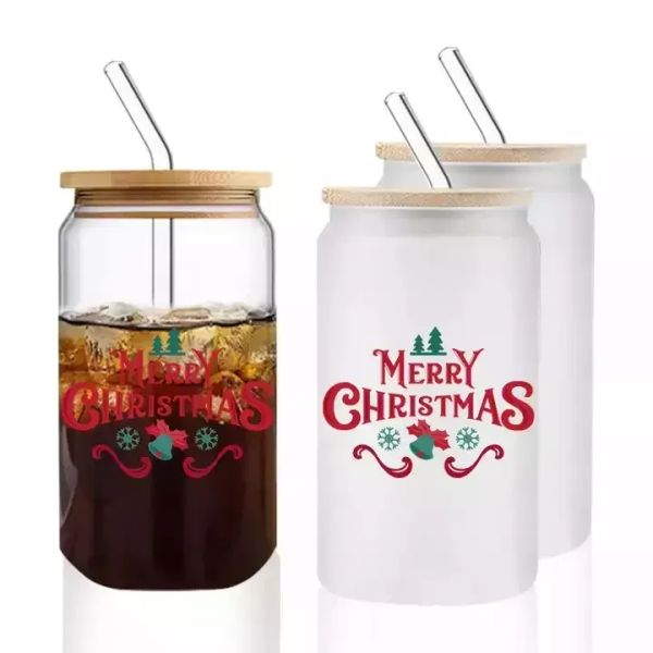 16oz Sublimation Glass Cola Can Mugs Tumbler Beer Jar Soda Beverage Cup with Bamboo Lid And Plastic Straw 50pc-c