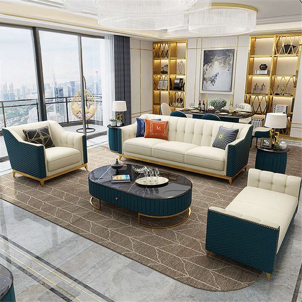 Modern Furniture Gold Metal Green Leather Living Room Hotel Lobby 1+2+3 Seater Wooden Sectional Sofa Set
