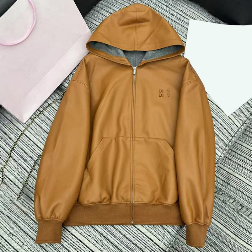 Luxury Women Leather Jacket Designer Vintage Long Sleeve Hooded Outerwear Trip Holidays Street Stylish Motorcycle Jackets