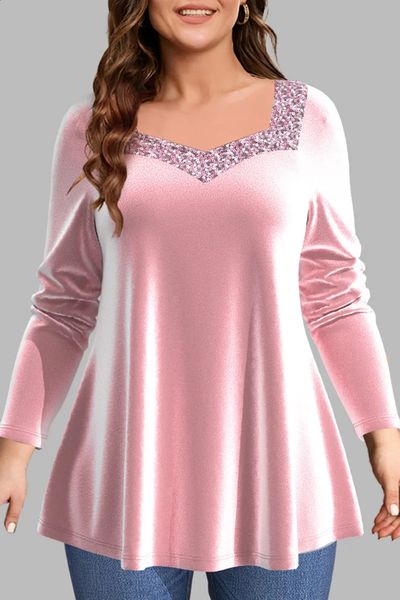 Plus size casual pink velvet sequin decal square neckline shirt long sleeved top elegant womens spring autumn party outfit 240819