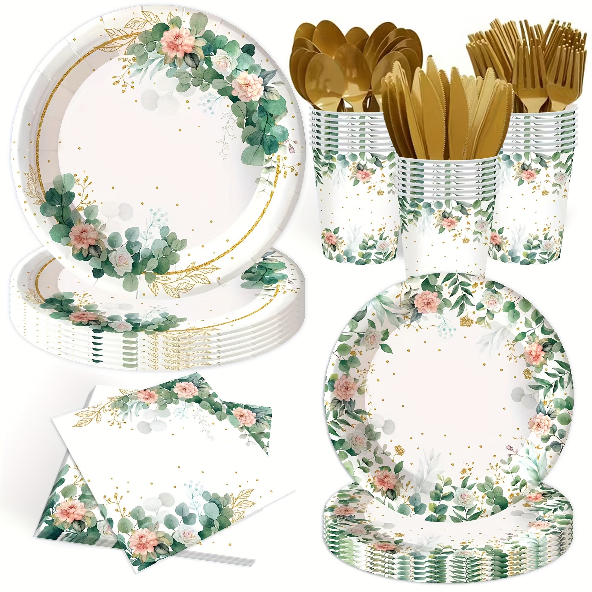 TEMU 140pcs Sage Green Eucalyptus Leaf & Sage Flower Paper Plates And Napkins Set - Elegant Botanical Tableware For Weddings, Showers, Birthdays -