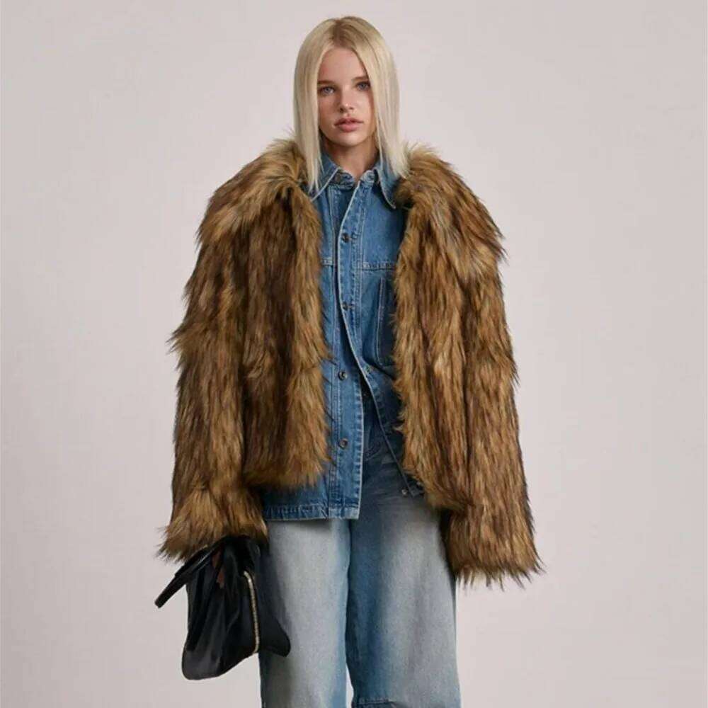 Winter Brown Gradient Long Hairy Shaggy Raccoon Faux Fur Coat Full sleeve Women Big Lapel Furry Loose Outerwear