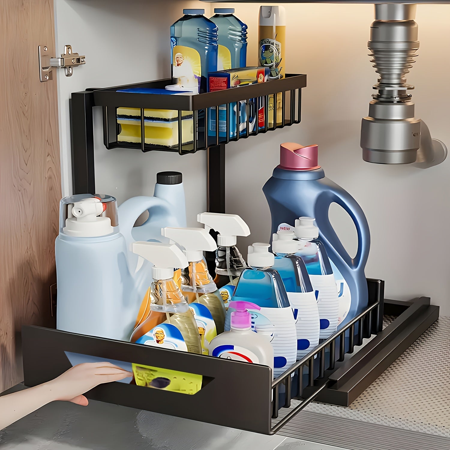 TEMU 2-story Kitchen Sink Storage Containers, Cabinet Organizer, Kitchen And Bathroom Organizers And Storage, Study, Tabletop, Metal Sliding Drawers,