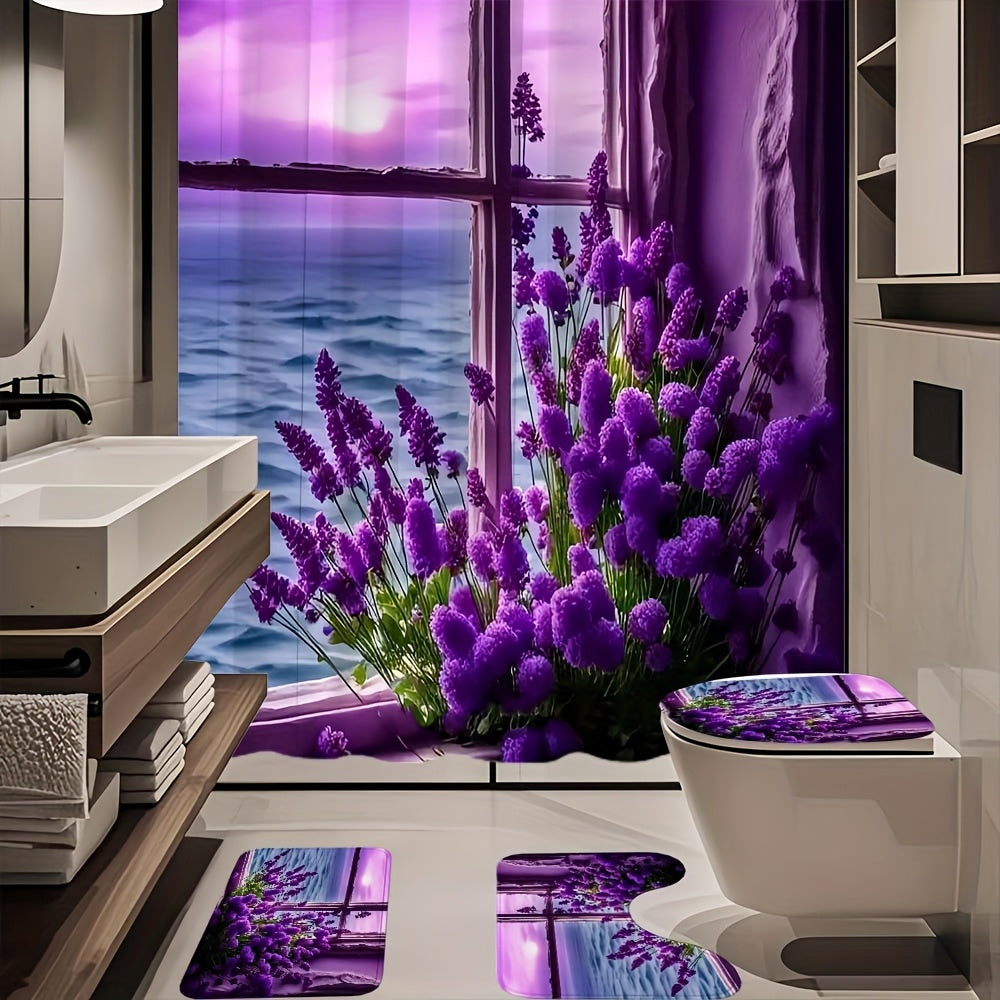 TEMU 1-4pcs Purple Lavender Pattern Shower Curtain, Shower Curtain Set High Quality Polyester Shower Curtain With 12 Hooks, Anti Slip Carpet, Toilet