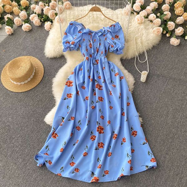 Little Fresh French Fairy Fragmented Flower with High Drawstring and Folded Waist for Slimming Big Swing Long Dress Waist Short Oversize Dre
