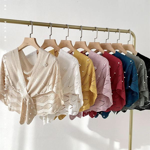 Woman Knitting Shawl Bride Elegant Hollow Out Pearl Decorated Shawls Solid Color Collar Scarf Ladies Casual Stole Poncho 250121