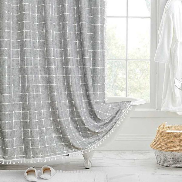 Jacquard Linen Shower Curtain with Tassels Nordic Waterproof Thick Bath Curtains for Bathroom Bathtub Bathing Cover with Hooks Y240815