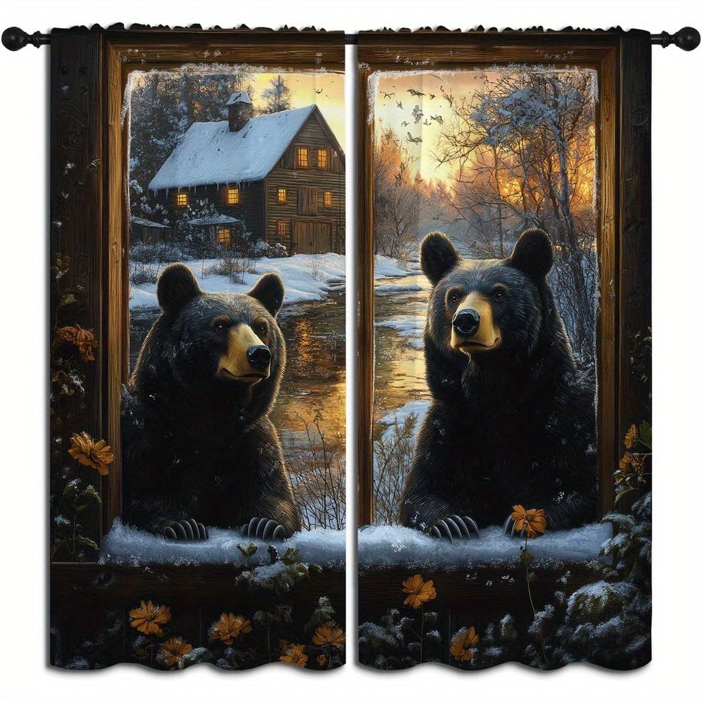 TEMU 2pcs Decor Curtainsblack Bear Blackout Curtains, Country Farmhouse Cabin Winter Forest , 2 Panel Rod Pocket Thermal Insulated Drapes For, Living