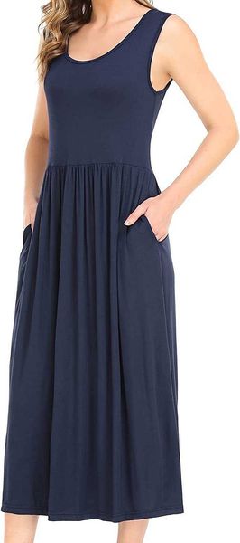 Women&#039;s Summer Beach Casual Maxi Dress Sleeveless Tank T Shirt Pleated Swing Dress with Pockets