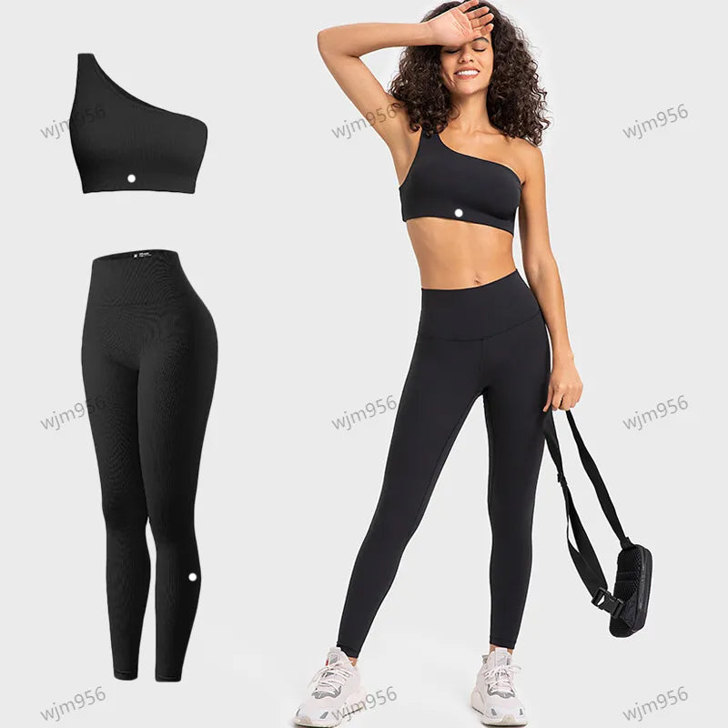 yoga Set Women&#039;s Sloping vest Pilates Exercise close lingerie bralette buttocks skin tight jump pants workout sets High Waist Align Leggings 2