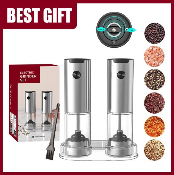 2pcs Stainless Steel Electric Salt Set with Base Adjustable Roughness Pepper Mills Powder Grinder kitchen Tool 240717