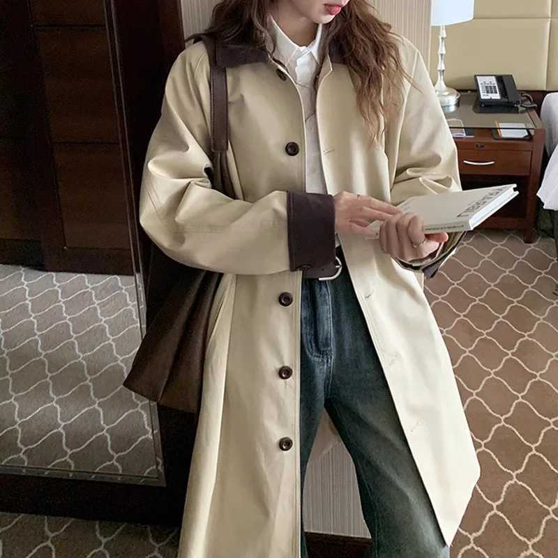 Korean College Style Vintage Medium-length Trench Coat Jacket for Women Fashion Chic Single Breasted Lapel Loose Beige OuterwearX240921