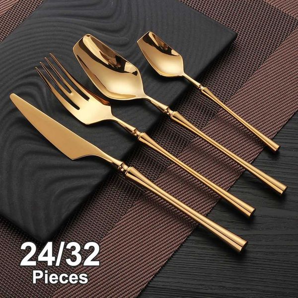 24-32 pieces of gold tableware stainless steel tableware Western cuisine set mirror silver knives forks spoons matte kitchen utensils X25021