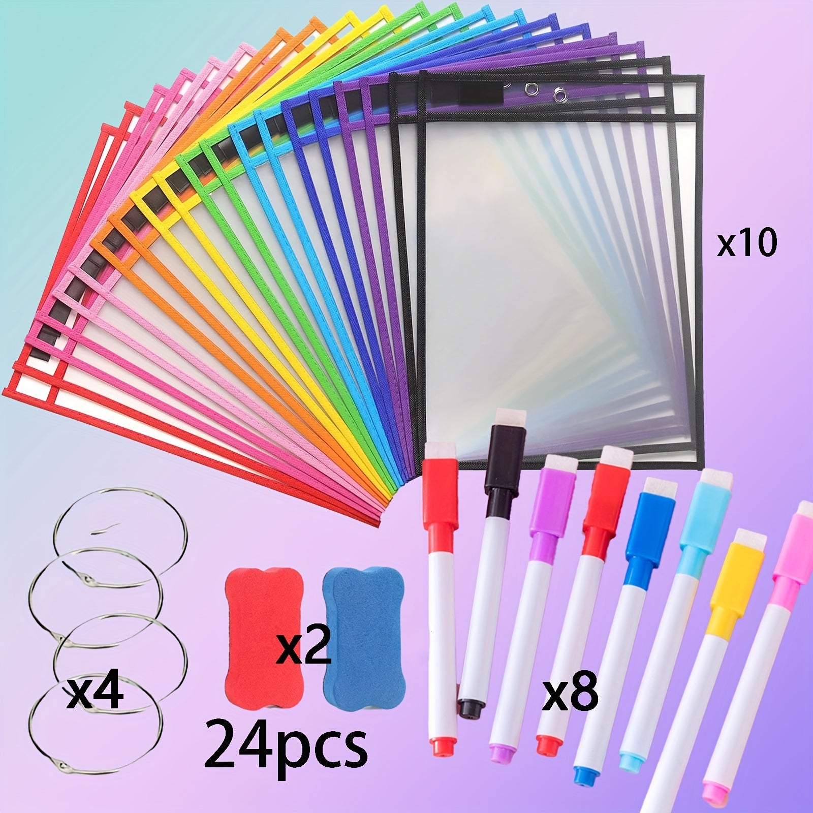 TEMU 24pcs Of Dry Wipe Pocket Ring, 10 Pockets +8 Pens + 4 Clasps + 2 Erasers, Transparent Plastic Cover, Protective Case, Suitable For Teachers And