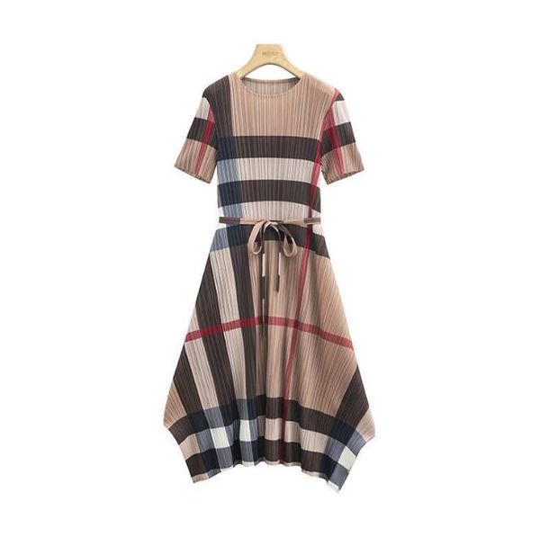 luxury Pleated dresses for women short sleeve plaid vintage designer dress women&#039;s clothing
