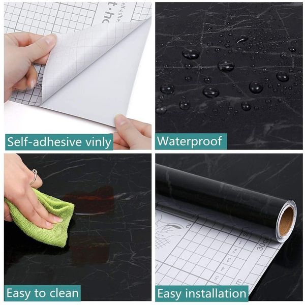 80CM Wide Black Marble Kitchen Peel and Stick Wallpaper for CounterTable Desk Bathroom Waterproof Self Adhesive Contact Paper