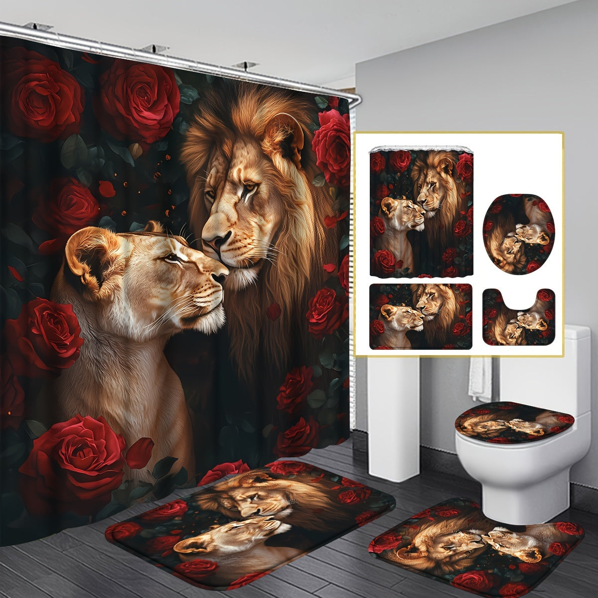 TEMU 1pc-4pcs With Red Curtain, Polyester Fabric, Shower Curtains For Walk In Showers, With 12 Hooks, Bathroom Anti-slip Floor Mat, Toilet Seat Mat