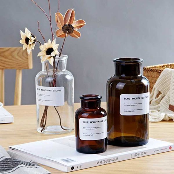 Vases Nordic Medicine Bottle Bud Vases Dark Amber-Transparent Glass Vase Hydroponic Flower Pot Mini Table Vase Home Office Decoration H25011