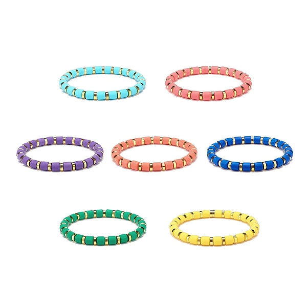 7Pcs 7 Colors Column Polymer Clay Stretch Beaded Bracelets