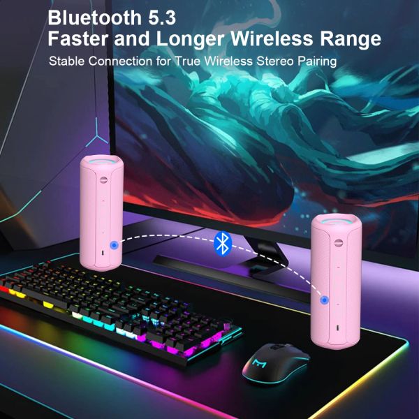 WISETIGER P3 Pink Portable Bluetooth Speaker IPX7 Waterproof Speaker 30W Subwoofer with Microphone for home, outdoor and travel