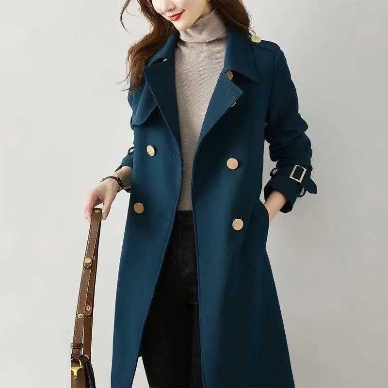 Elegant Womens Trench Coat New Solid Color Double Breasted Mid Length Ladies Office Windbreakers Womens Basic Coat OuterwearX240921