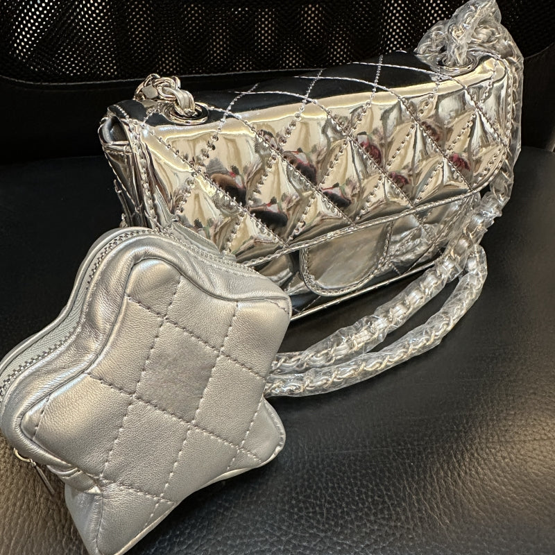 New silver mirror diamond check metal chain strap shoulder bag with coin purse set dinner bag