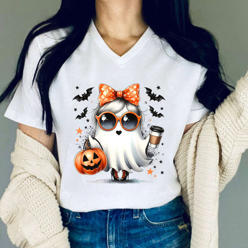 Graphic T Shirts Women Pumpkin Coffee Lovers T-shirt Fashion Ghost Print Woman Funny Halloween Casual T-shirts