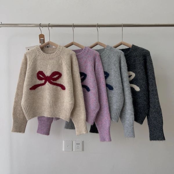 Grey bow round neck internal pull sweater for women in autumn and winter 2024 type of small soft rubber base knitting 211 X2501141