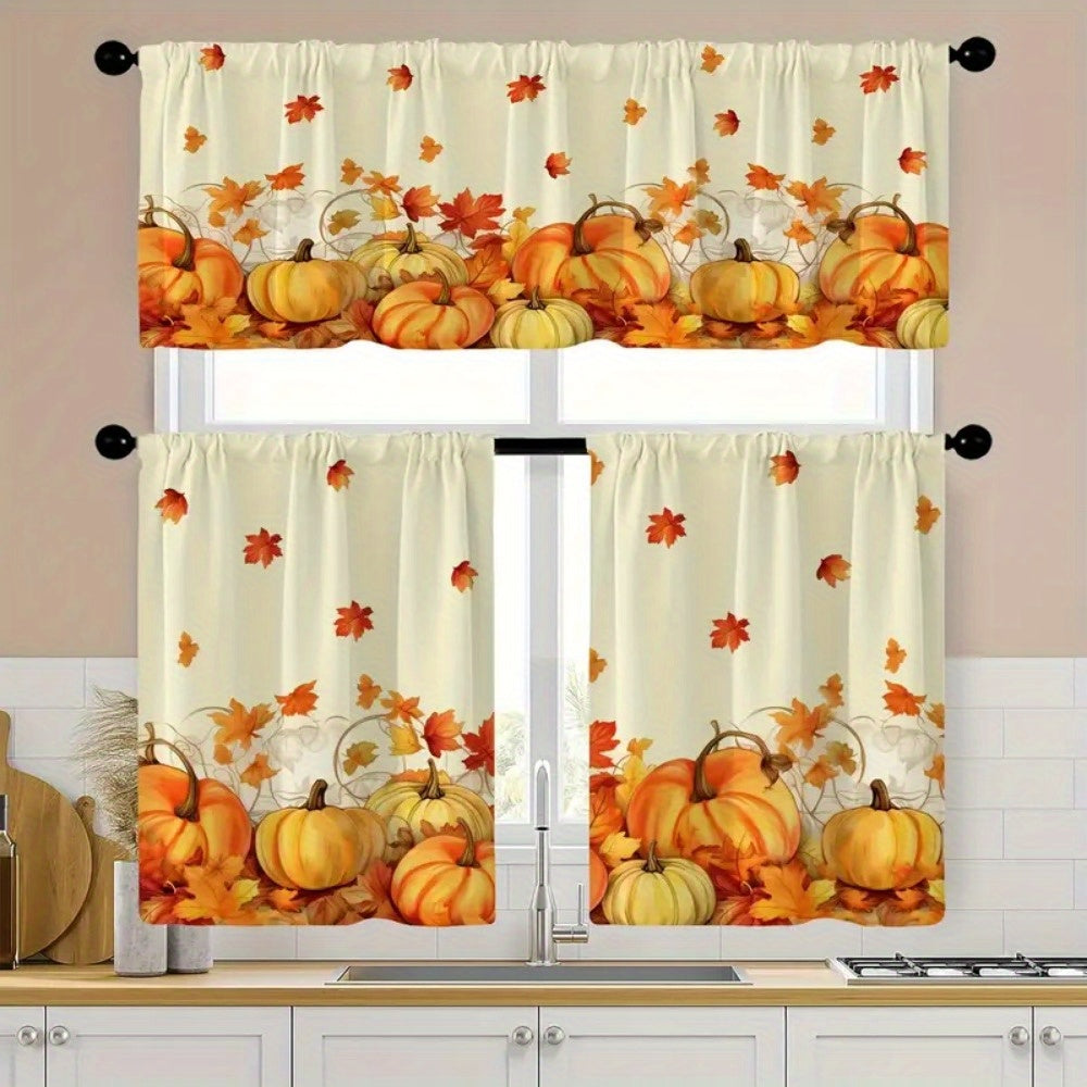 TEMU 1pc Curtain Head- 2pcs Curtain, Pumpkin Curtain, Thanksgiving Autumn Kitchen Curtain Pole, Pocket Autumn Maple Leaf Curtain, Short Top Curtain,