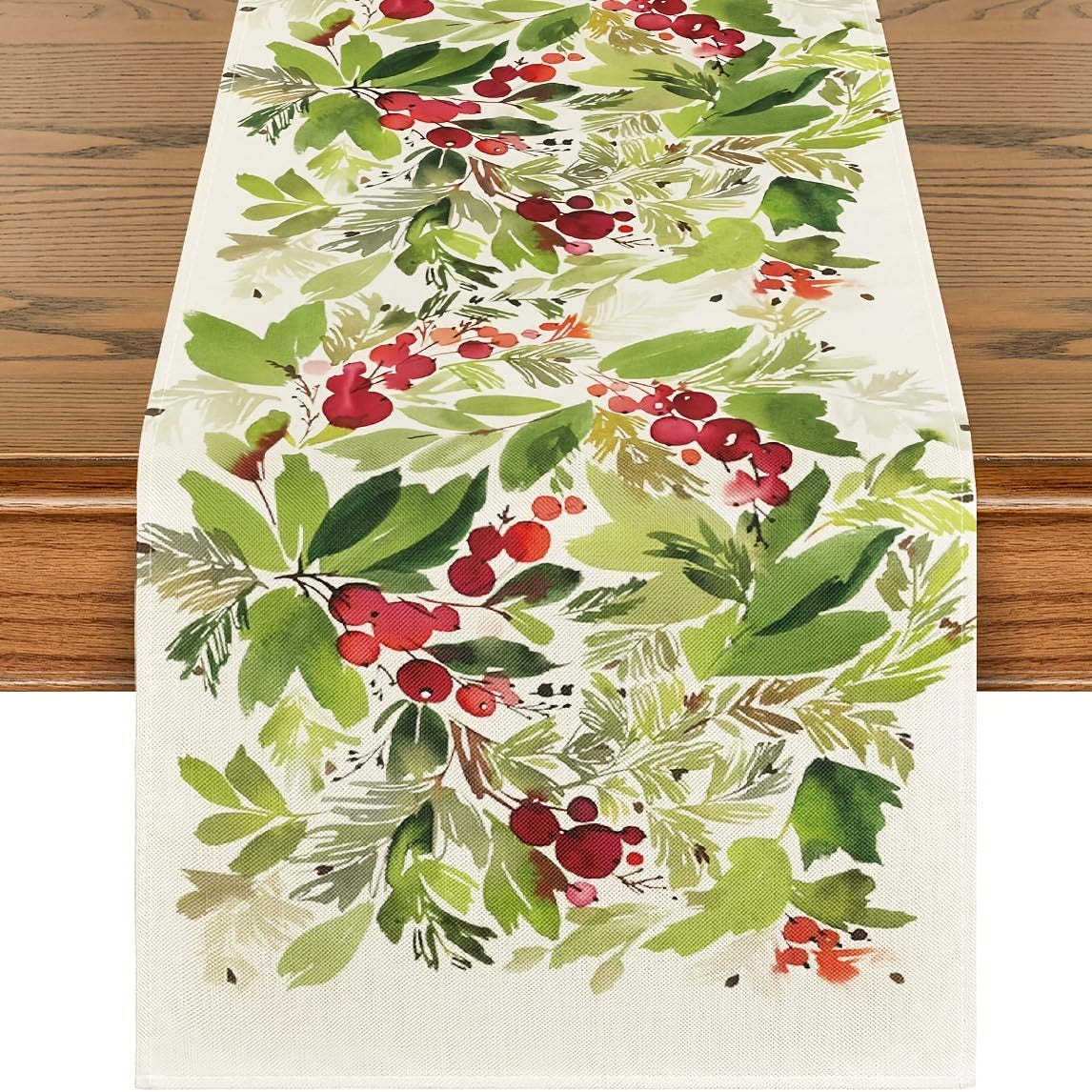 TEMU 1pc, Linen Table Runner, Merry Christmas Table Runner, Watercolor Holly Table Cover, Christmas Table Runner, Holiday Desktop Decoration Fabric