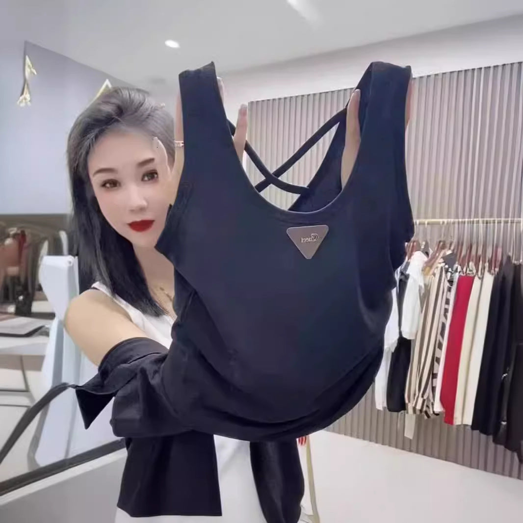 Plus Size Tank Top with Metal Triangle Label Slim Fit Outerwear Sleeveless Ribbed Top Base Layer Tank Versatile 250723