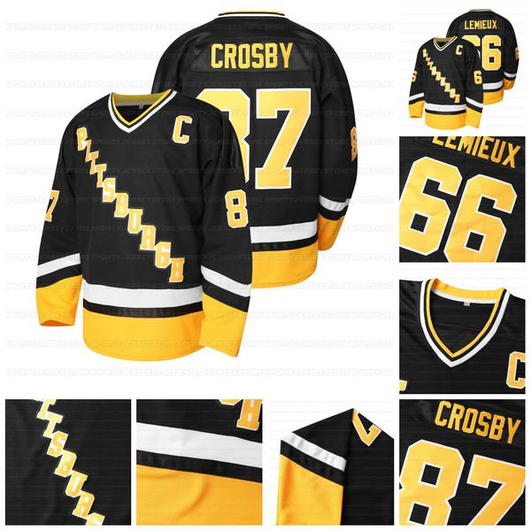 87 Sidney Crosby Hockey Jerseys 66 LEMIEUX Black Stitched In Stock S-3XL