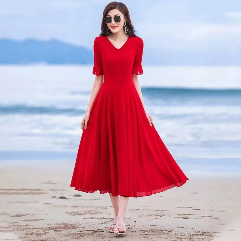 169 big swing skirt 2024 summer red medium-length dancing chiffon dress plus size long skirt over the knee holiday beach dress