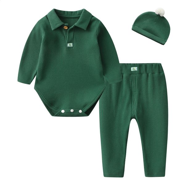 Spring Autumn Baby Boys 3PCS Clothes Set Cotton Solid Long Sleeve Rompers Skinny Pants Suit With Hat Infant Outfits 250117