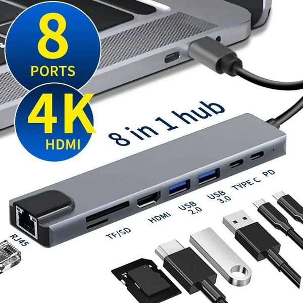 8-in-1 USB C HUB Type C splitter 4K Thunderbolt 3 docking station laptop adapter for Macbook Air M1 iPad Pro RJ45 HDMI computer CL240905