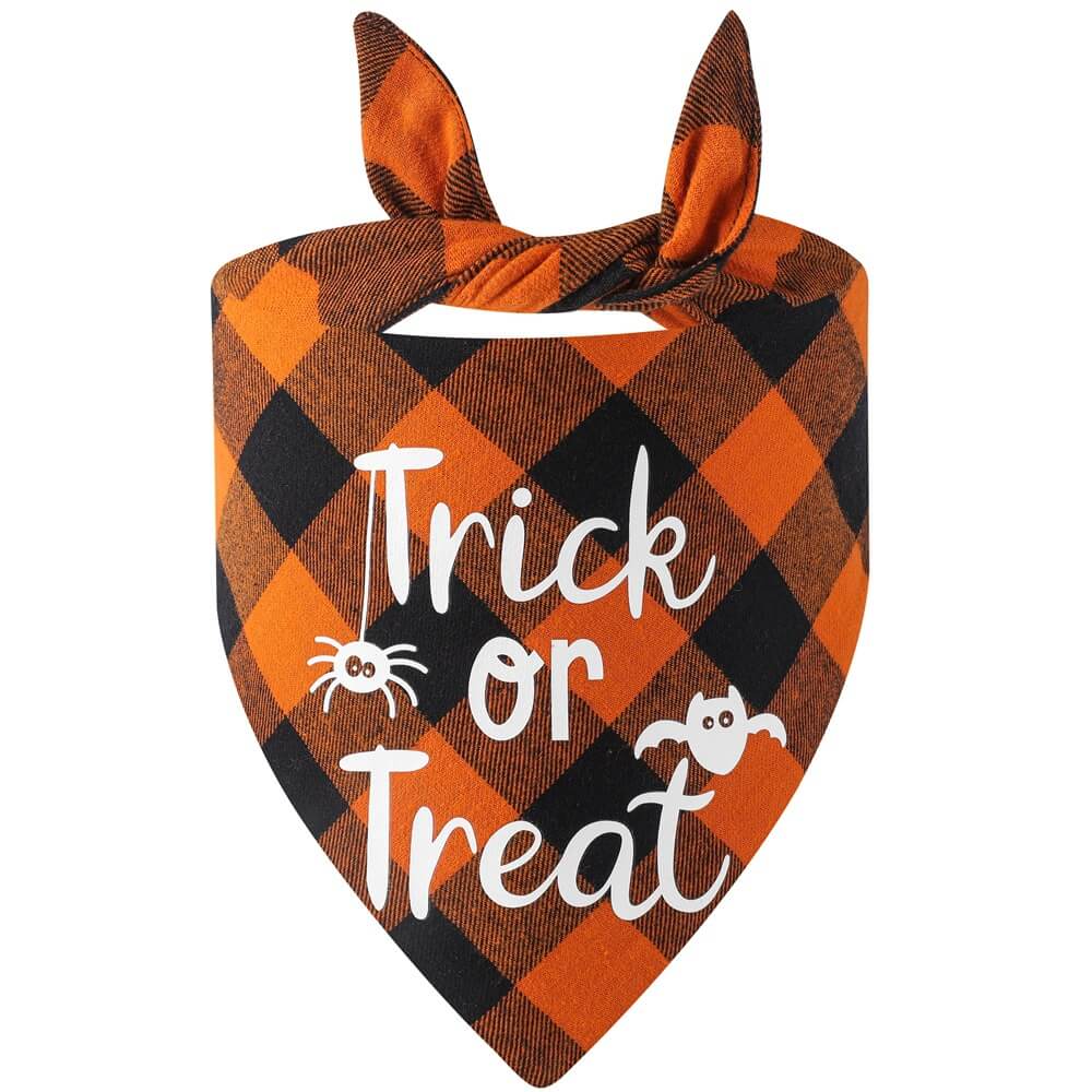 Halloween Pet Plaid Letter Bib | Cotton Gift Bib for Pets, Orange Trick or Treat（65x45x45cm）
